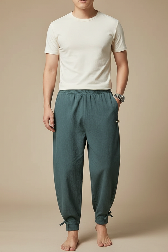 Pantalon Japonais Vert Ample Coton Chevilles Nouées Homme