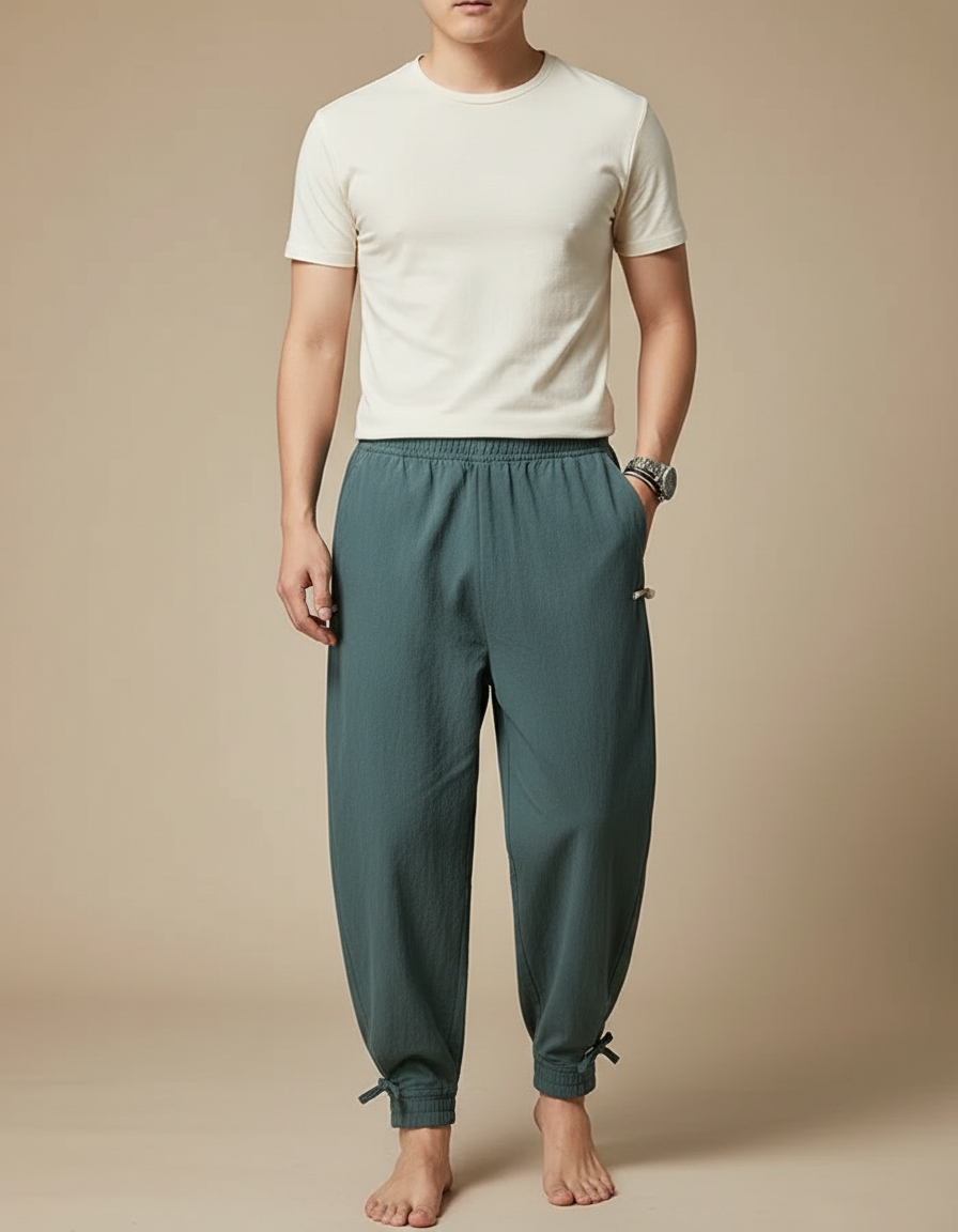 Pantalon Japonais Vert Ample Coton Chevilles Nouées Homme