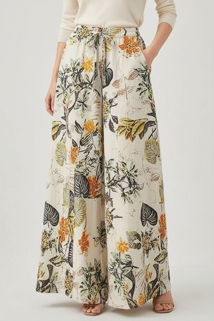 Pantalon Japonais Floral Ample Fluide Bohème Lin Écru - Beige