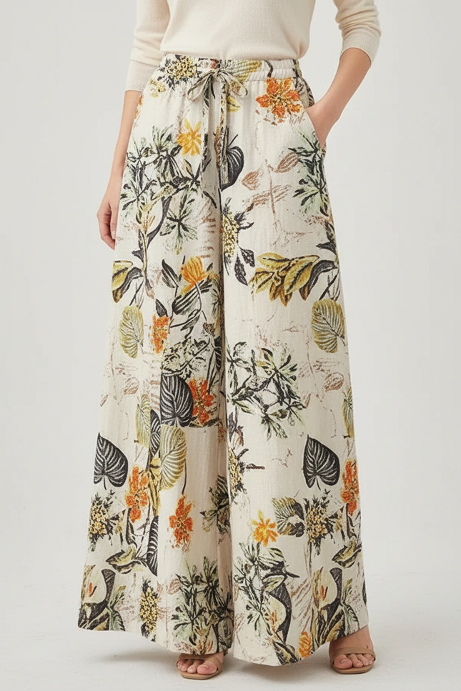 Pantalon Japonais Floral Ample Fluide Bohème Lin Écru - Beige