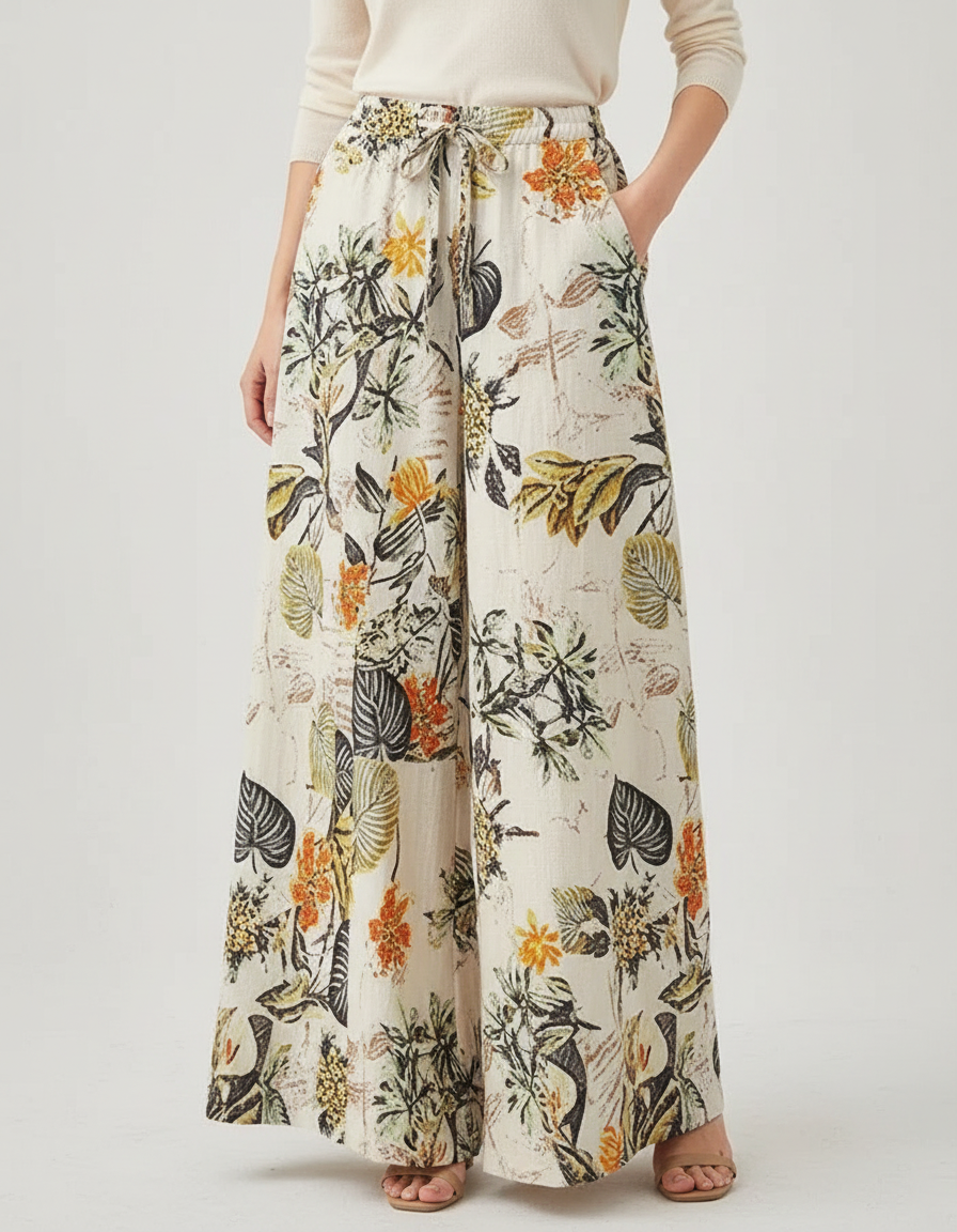 Pantalon Japonais Floral Ample Fluide Bohème Lin Écru - Beige