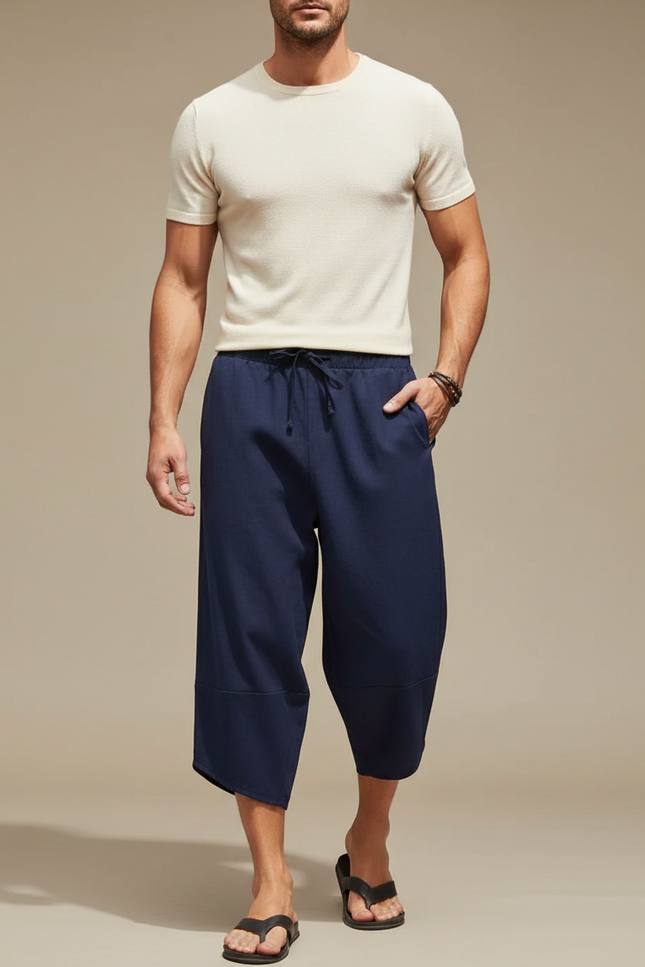 Pantalon Japonais Bleu Marine Coton Ample Court Cordon