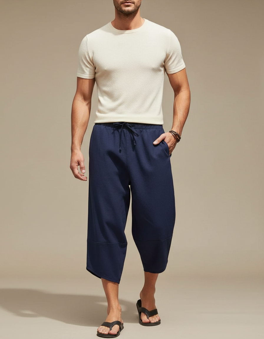 Pantalon Japonais Bleu Marine Coton Ample Court Cordon