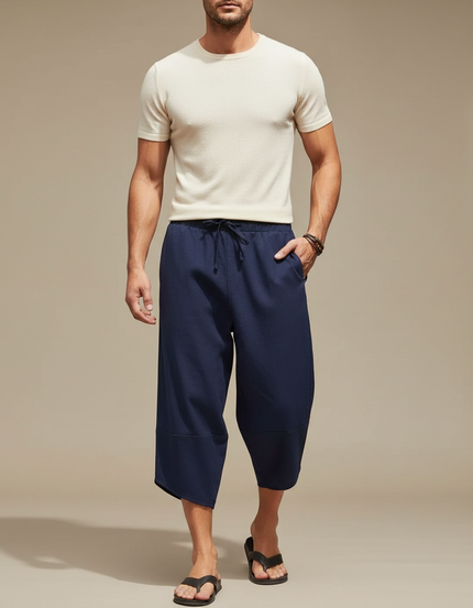 Pantalon Japonais Bleu Marine Coton Ample Court Cordon