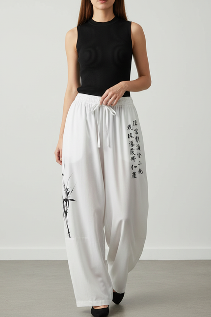 Pantalon Japonais Blanc Fluide Ample Bambou Calligraphie - Viscose