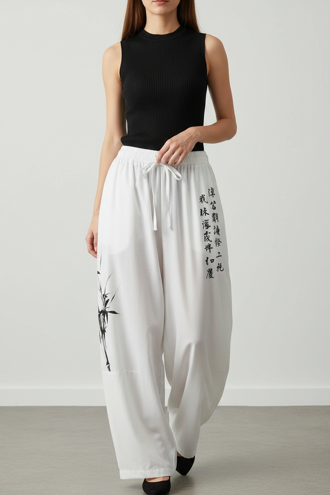 Pantalon Japonais Blanc Fluide Ample Bambou Calligraphie - Viscose