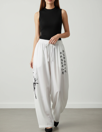 Pantalon Japonais Blanc Fluide Ample Bambou Calligraphie - Viscose