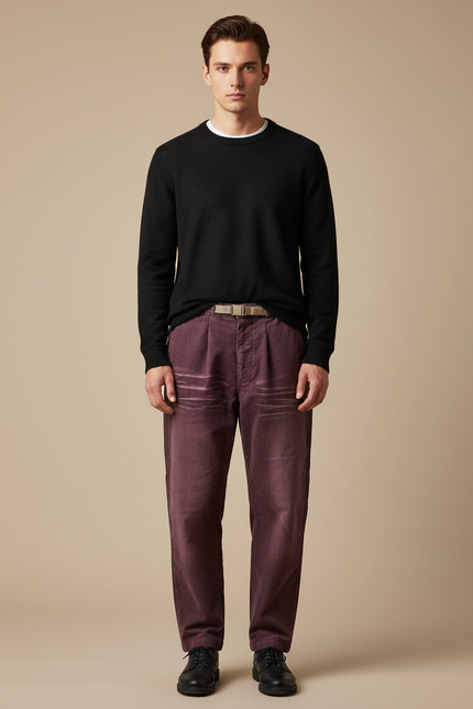 Pantalon Japonais Velours Côtelé Bordeaux Plissé Ample - Cordé