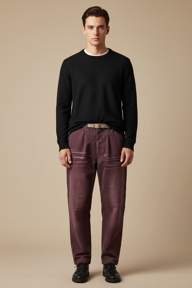 Pantalon Japonais Velours Côtelé Bordeaux Plissé Ample - Cordé
