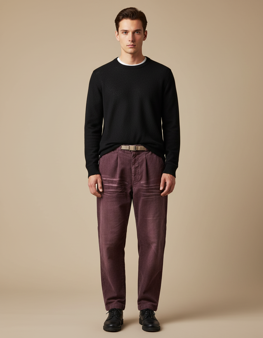 Pantalon Japonais Velours Côtelé Bordeaux Plissé Ample - Cordé