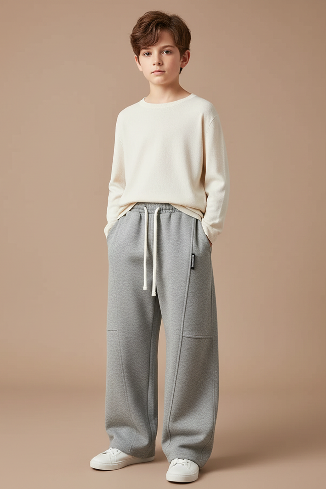 Pantalon Japonais Gris Ample Molletonné Garçon Décontracté