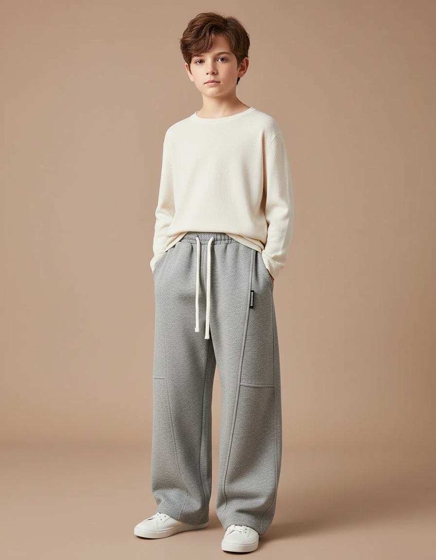 Pantalon Japonais Gris Ample Molletonné Garçon Décontracté