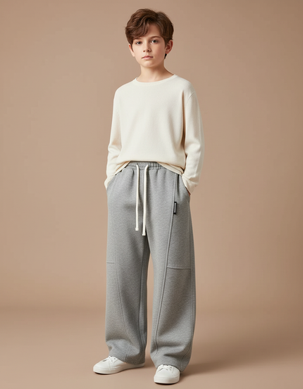 Pantalon Japonais Gris Ample Molletonné Garçon Décontracté