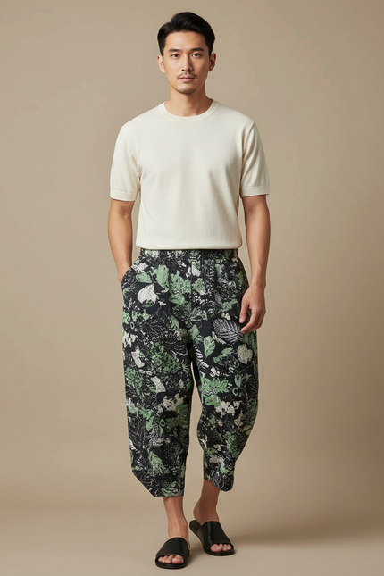 Pantalon Japonais Sarouel Ample Imprimé Feuillage Vert Homme - Viscose