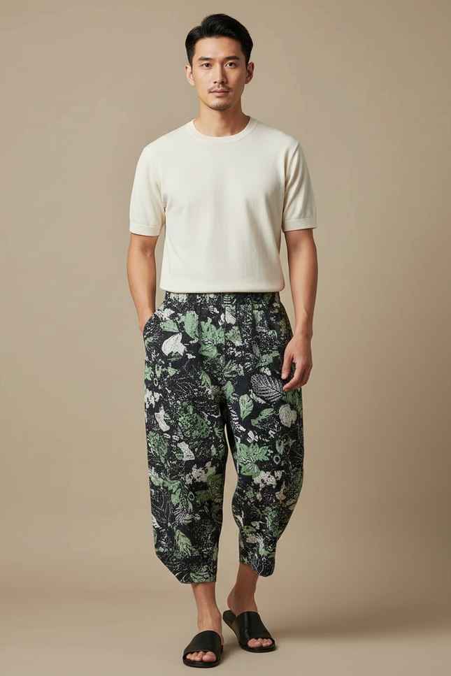 Pantalon Japonais Sarouel Ample Imprimé Feuillage Vert Homme - Viscose
