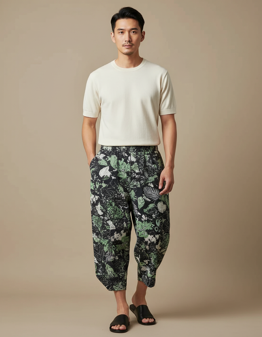 Pantalon Japonais Sarouel Ample Imprimé Feuillage Vert Homme - Viscose