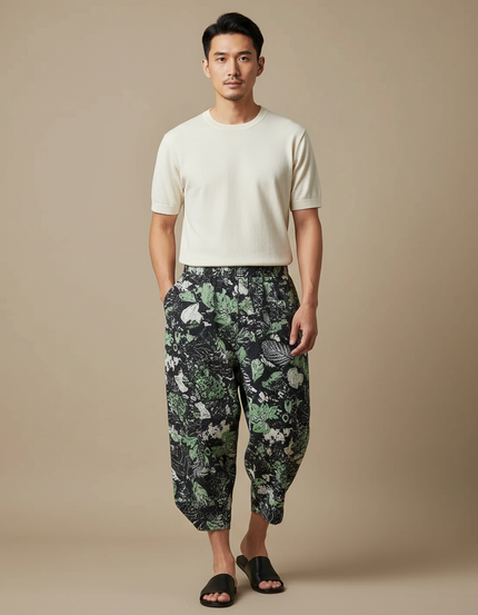 Pantalon Japonais Sarouel Ample Imprimé Feuillage Vert Homme - Viscose