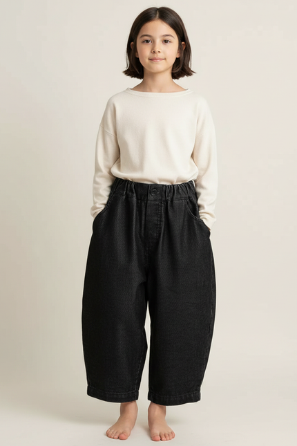 Pantalon Japonais Noir Côtelé Ample Décontracté Enfant Fille - Cordé