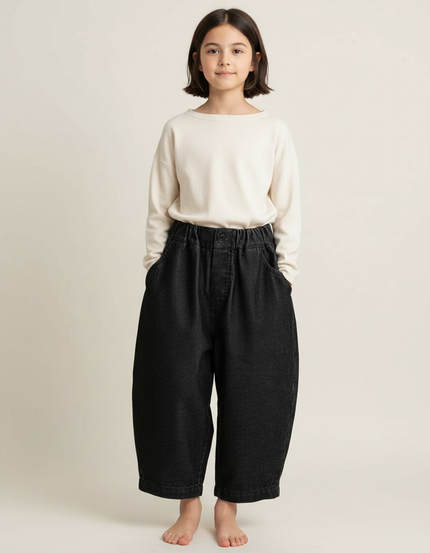 Pantalon Japonais Noir Côtelé Ample Décontracté Enfant Fille - Cordé