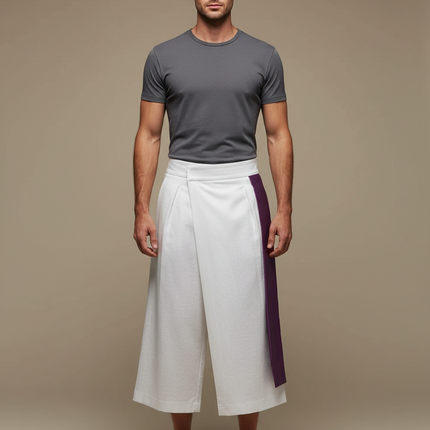 Pantalon Japonais Blanc Ample Ceinture Violette Homme - Lin