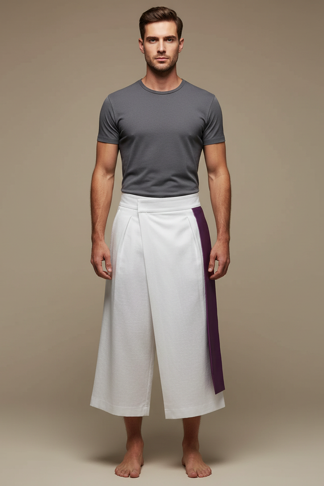 Pantalon Japonais Blanc Ample Ceinture Violette Homme - Lin