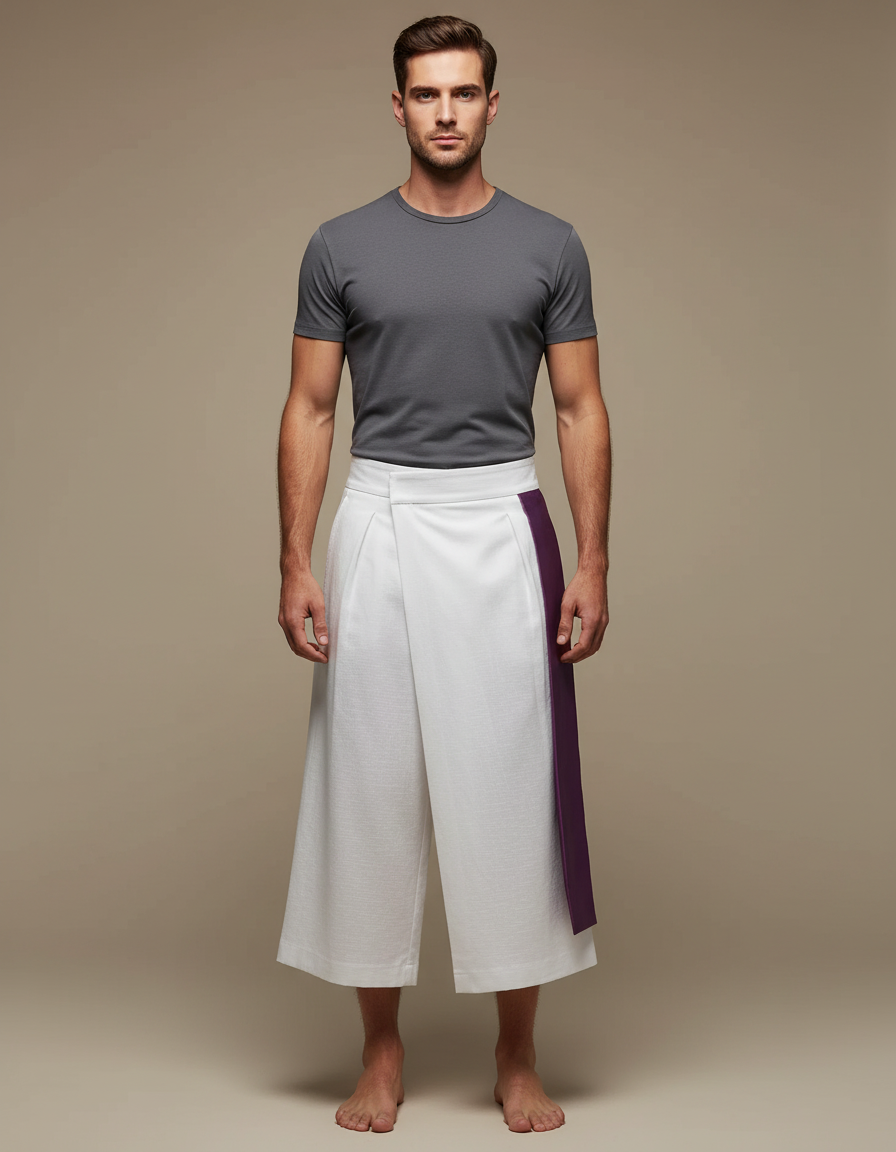 Pantalon Japonais Blanc Ample Ceinture Violette Homme - Lin