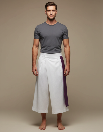 Pantalon Japonais Blanc Ample Ceinture Violette Homme - Lin