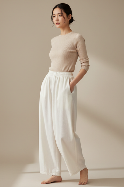 Pantalon Japonais Blanc Fluide Ample Décontracté Femme - Toile
