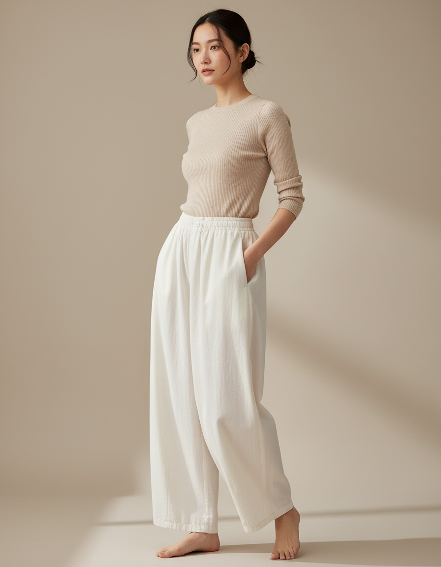 Pantalon Japonais Blanc Fluide Ample Décontracté Femme - Toile