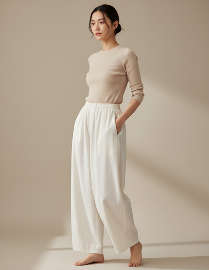 Pantalon Japonais Blanc Fluide Ample Décontracté Femme - Toile