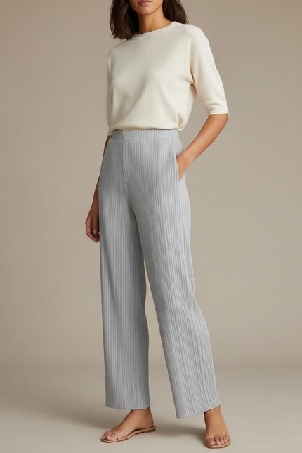 Pantalon Japonais Gris Plissé Ample Fluide Élégant - Polyester