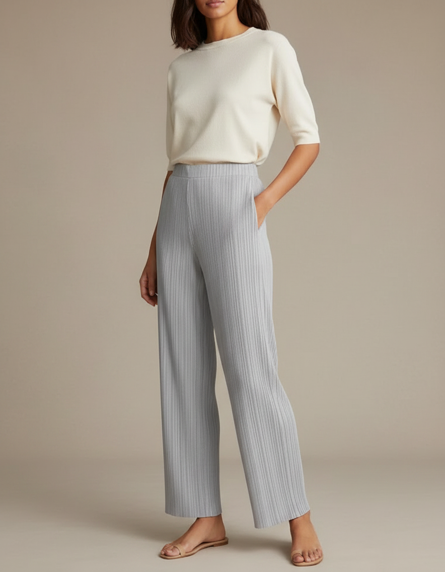 Pantalon Japonais Gris Plissé Ample Fluide Élégant - Polyester