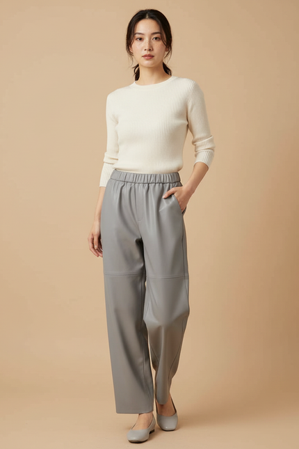 Pantalon Japonais Gris Ample Similicuir Taille Haute - Simili cuir