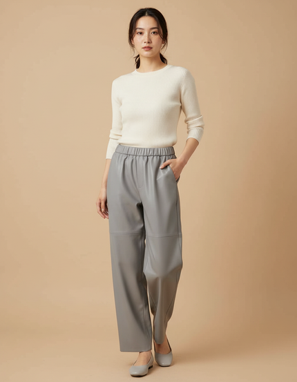 Pantalon Japonais Gris Ample Similicuir Taille Haute - Simili cuir