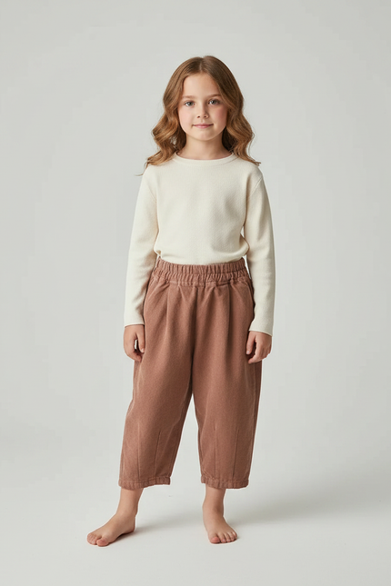 Pantalon Japonais Marron Ample Coton Enfant Uni - Molleton