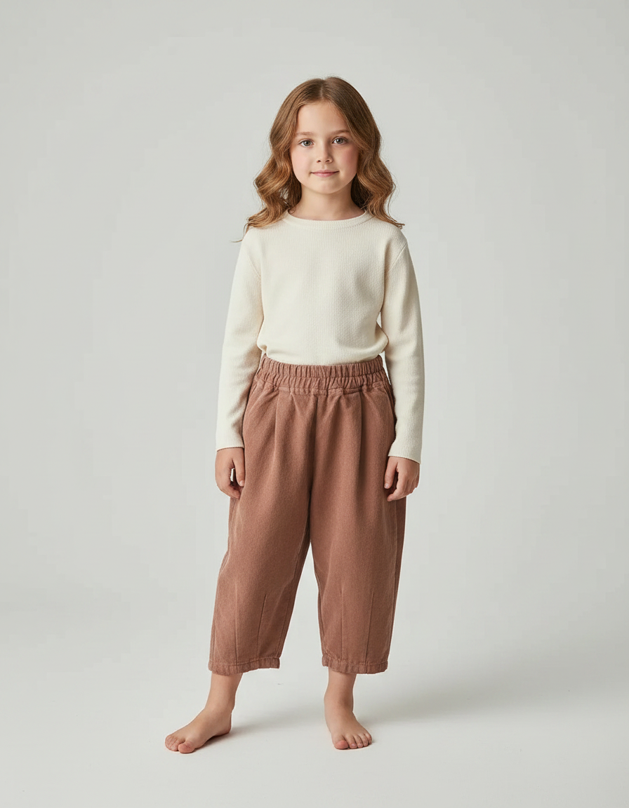Pantalon Japonais Marron Ample Coton Enfant Uni - Molleton
