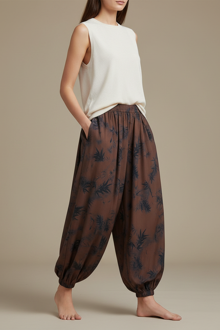 Pantalon Japonais Sarouel Marron Imprimé Bambou Femme - Viscose