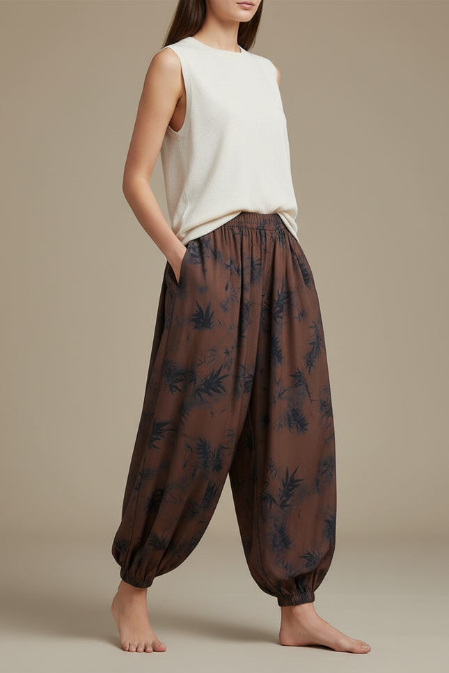 Pantalon Japonais Sarouel Marron Imprimé Bambou Femme - Viscose
