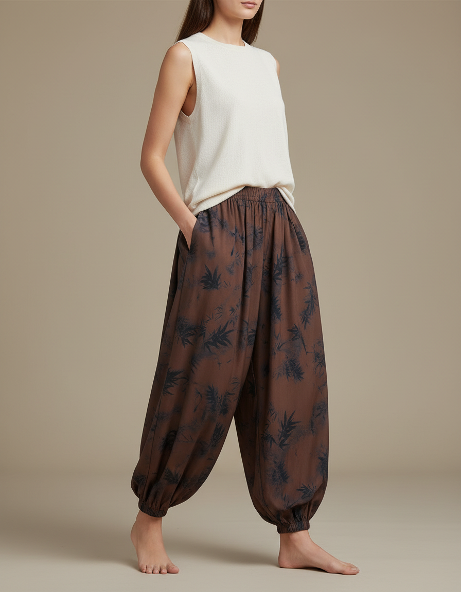 Pantalon Japonais Sarouel Marron Imprimé Bambou Femme - Viscose