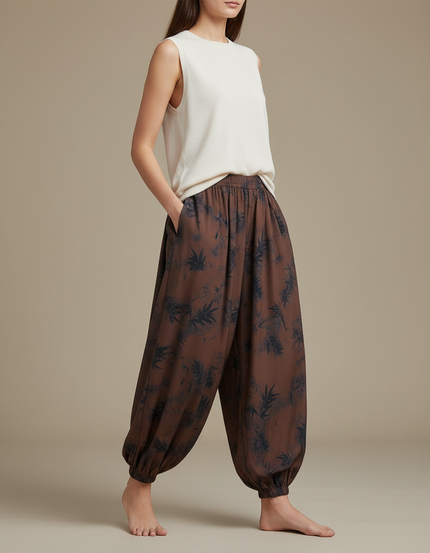 Pantalon Japonais Sarouel Marron Imprimé Bambou Femme - Viscose