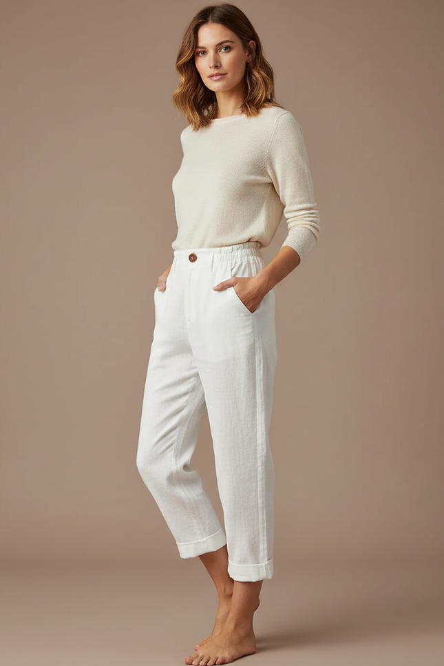Pantalon Japonais Blanc Coton Lin Ample Décontracté Femme