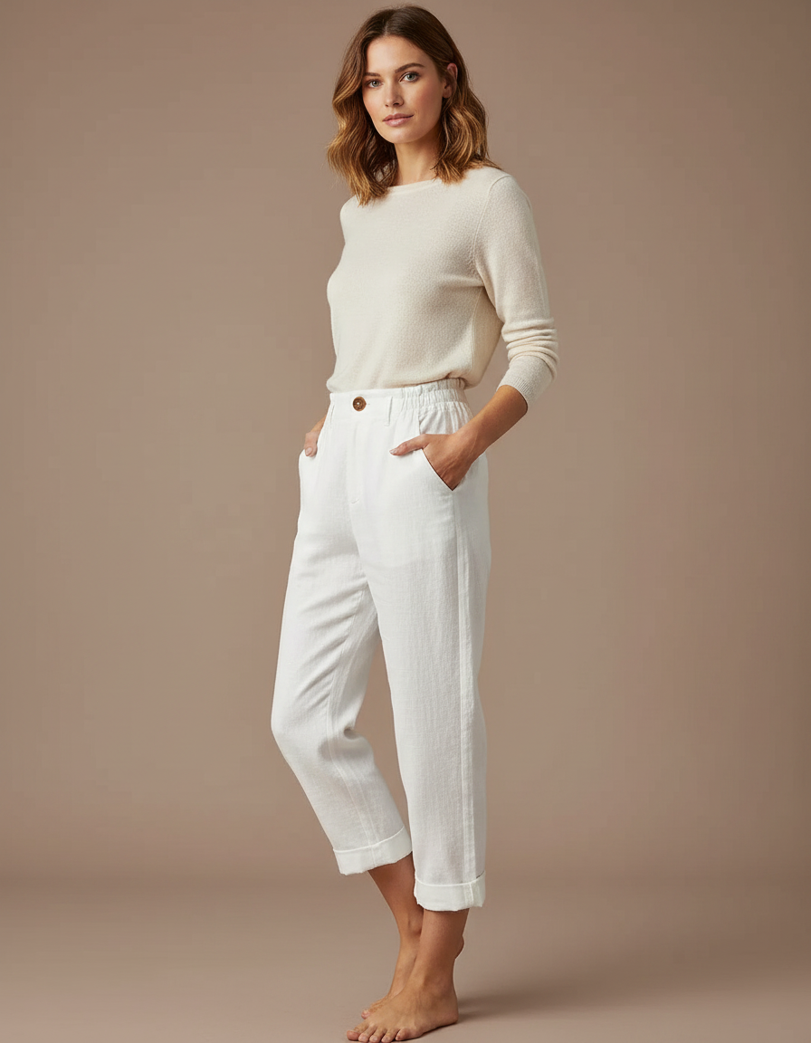 Pantalon Japonais Blanc Coton Lin Ample Décontracté Femme
