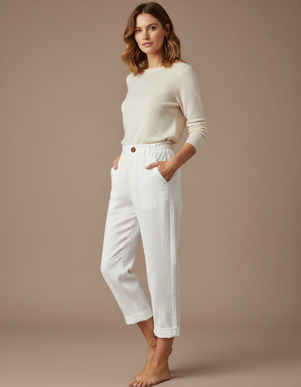 Pantalon Japonais Blanc Coton Lin Ample Décontracté Femme