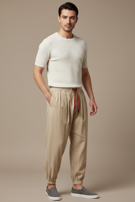 Pantalon Japonais Beige Coton Lin Ample Décontracté