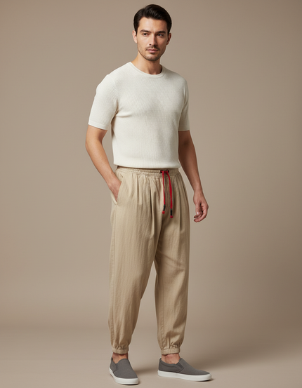 Pantalon Japonais Beige Coton Lin Ample Décontracté