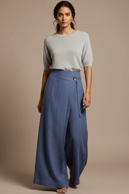 Pantalon Japonais Bleu Lin Ample Fluide Élégant