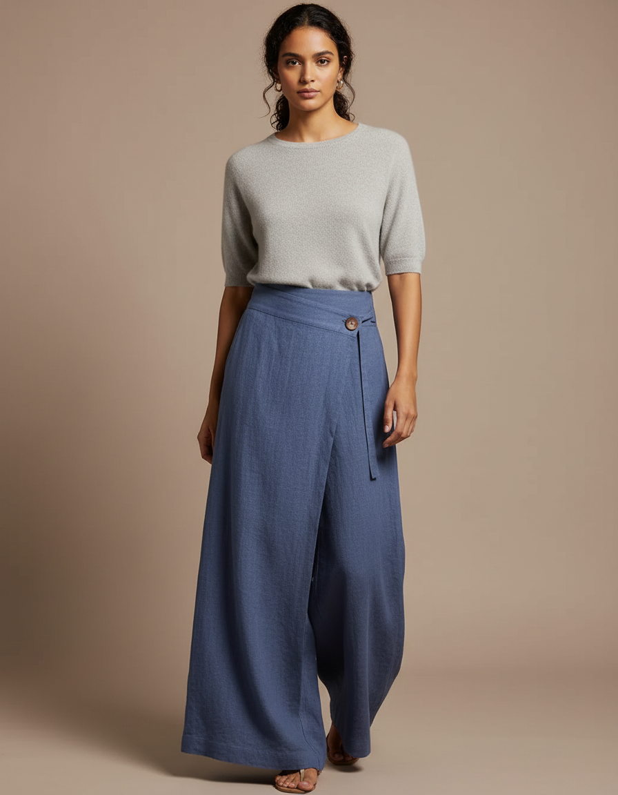 Pantalon Japonais Bleu Lin Ample Fluide Élégant
