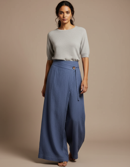 Pantalon Japonais Bleu Lin Ample Fluide Élégant