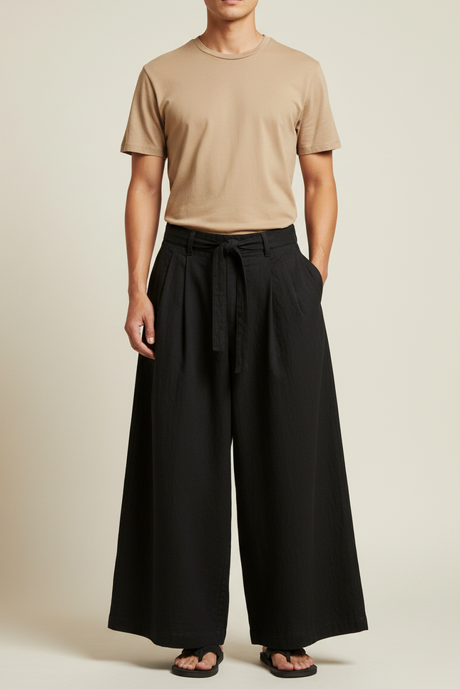 Pantalon Japonais Noir Ample Coton Plissé Décontracté