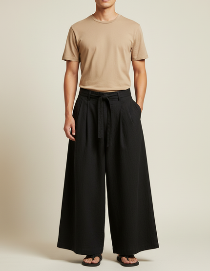 Pantalon Japonais Noir Ample Coton Plissé Décontracté